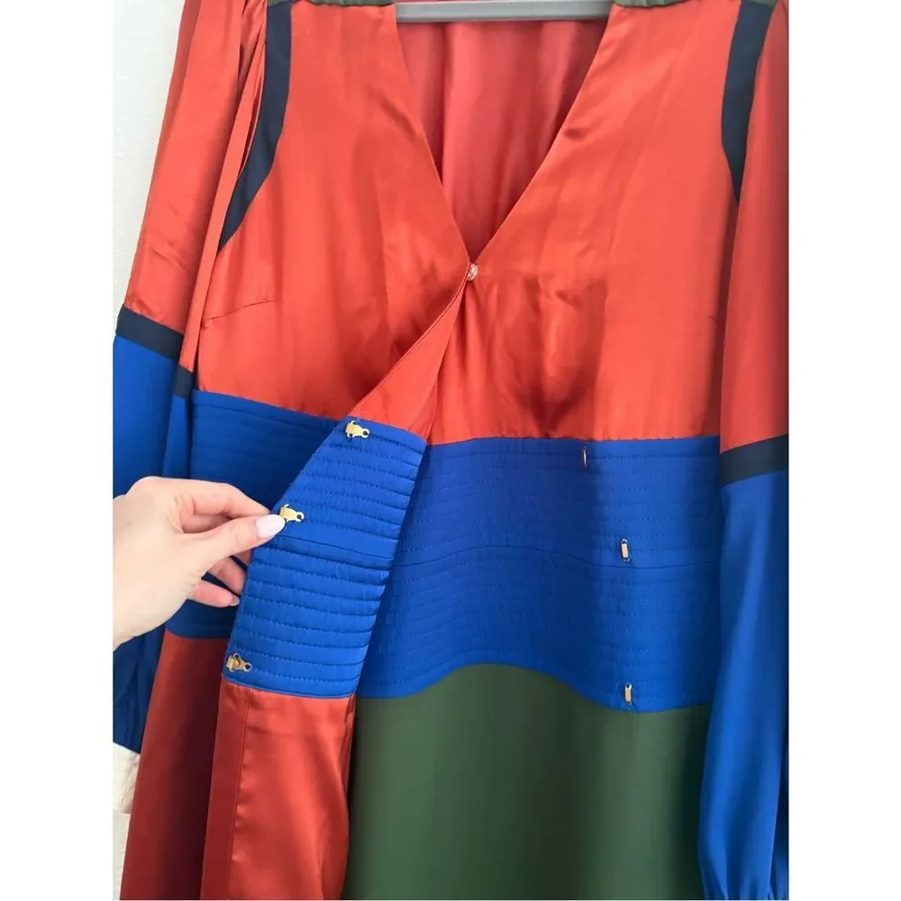 Tory Burch Kola Colorblock Silk Blend Satin Crepe Wrap Dress Size 10